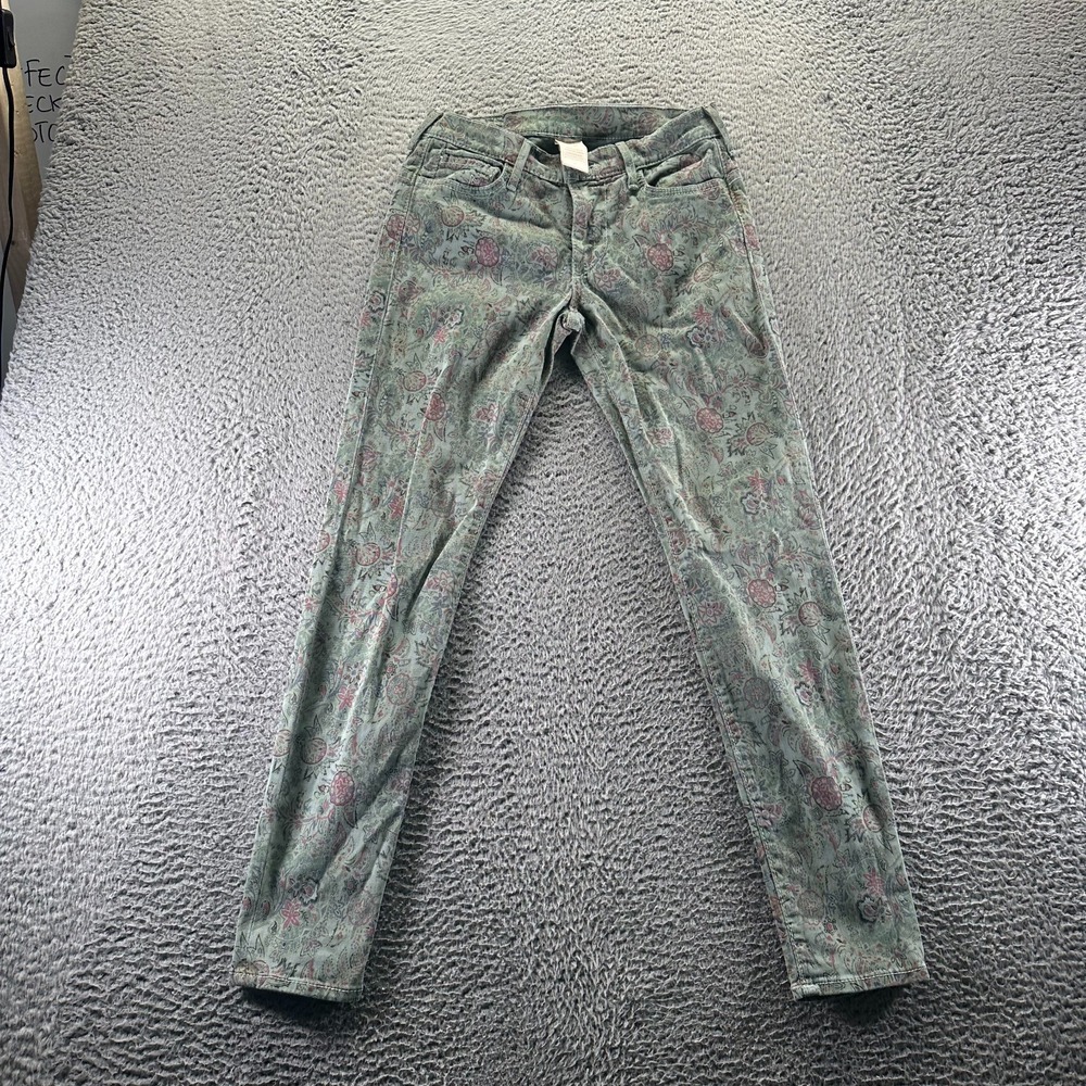 Vintage True Religion Jeans Women 27x29 Green Floral Skinny Leg Stretch Made USA